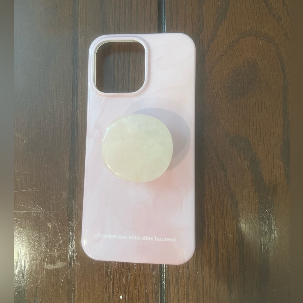 iPhone 15 ProMax Pink Marble Print Phone Case with Cream Marble Print Phone Grip